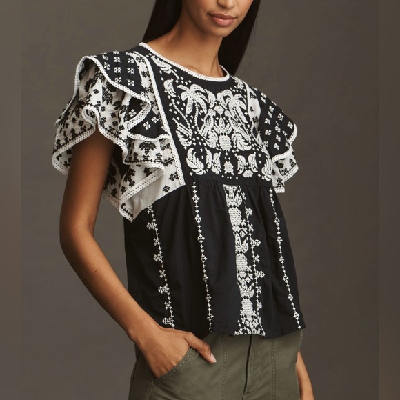 FARM Rio Tops - FARM Rio Black and White Embroidered Blouse